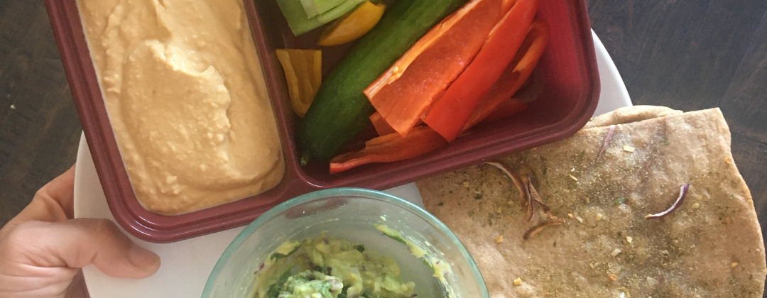 Photo example of Hummus Veggies and Flatbread with guacamole for 7 Day Daniel Fast meal plan.