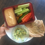 Photo example of Hummus Veggies and Flatbread with guacamole for 7 Day Daniel Fast meal plan.