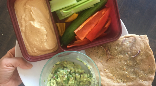 Photo example of Hummus Veggies and Flatbread with guacamole for 7 Day Daniel Fast meal plan.