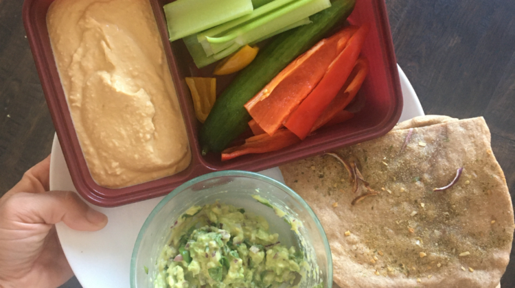 Photo example of Hummus Veggies and Flatbread with guacamole for 7 Day Daniel Fast meal plan.