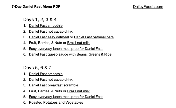 Photo example of Free 7 Day Daniel Fast Menu PDF by Dailey Foods.