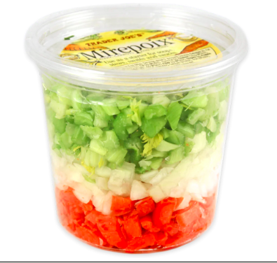 Photo example of Trader joes mirepoix for vegan recipes.