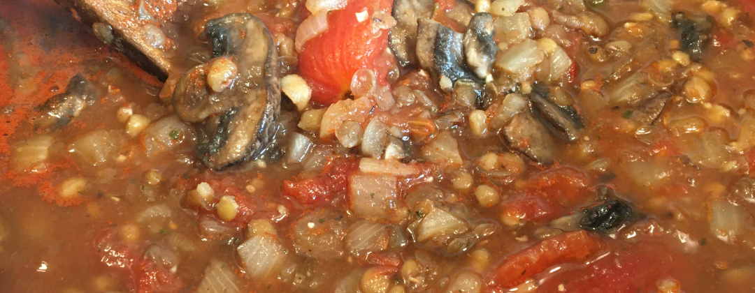 Photo example of Vegan Meatless Stew Recipe with lentils and mushrooms.