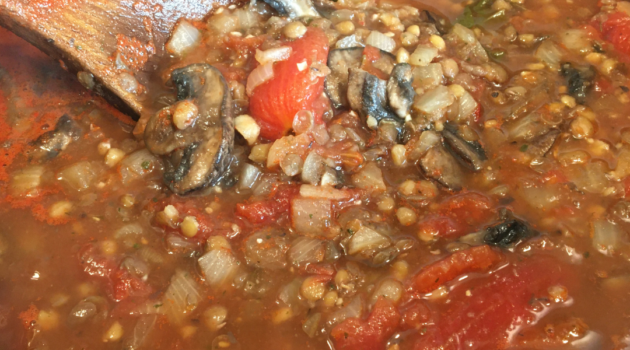 Photo example of Vegan Meatless Stew Recipe with lentils and mushrooms.