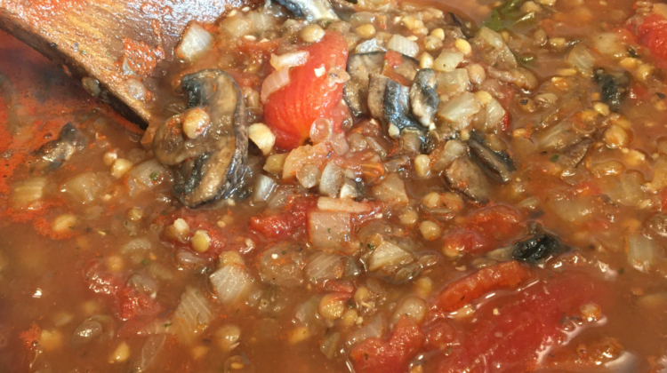 Photo example of Vegan Meatless Stew Recipe with lentils and mushrooms.