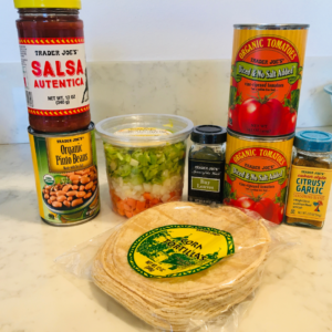 Photo of meatless tortilla soup ingredients from Trader Joe's.