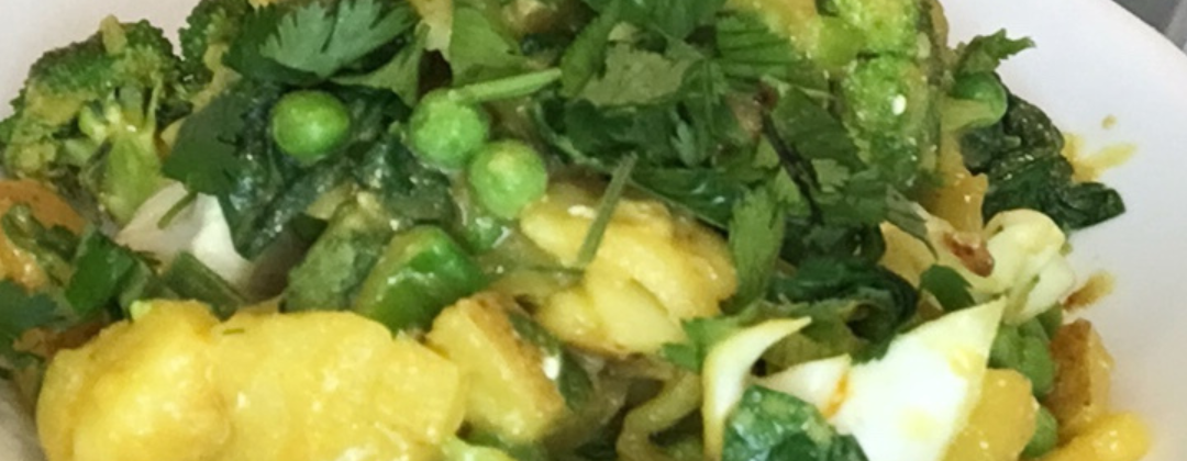 Photo example of Indian Potatoes and Peas Green Veggies alkaline recipe.