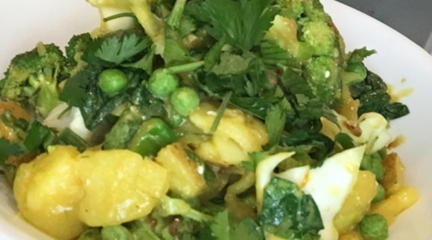 Photo example of Indian Potatoes and Peas Green Veggies alkaline recipe.