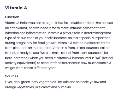 Photo example of Vitamin A benefits during pregnancy from Cronometer app.