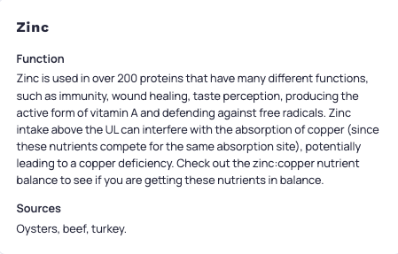 Photo example of Zinc benefits during pregnancy from Cronometer app.