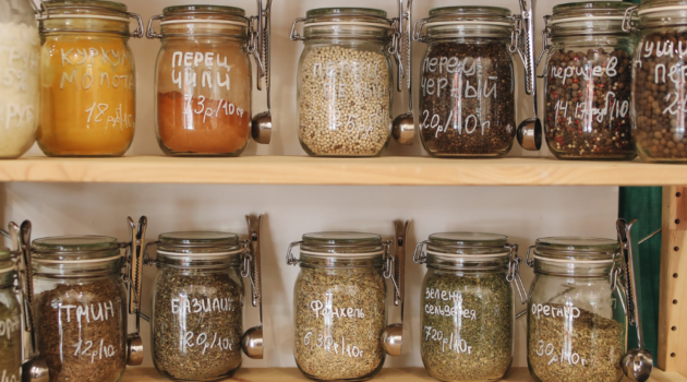 Photo example of pantry staples for eating plant based on a budget.