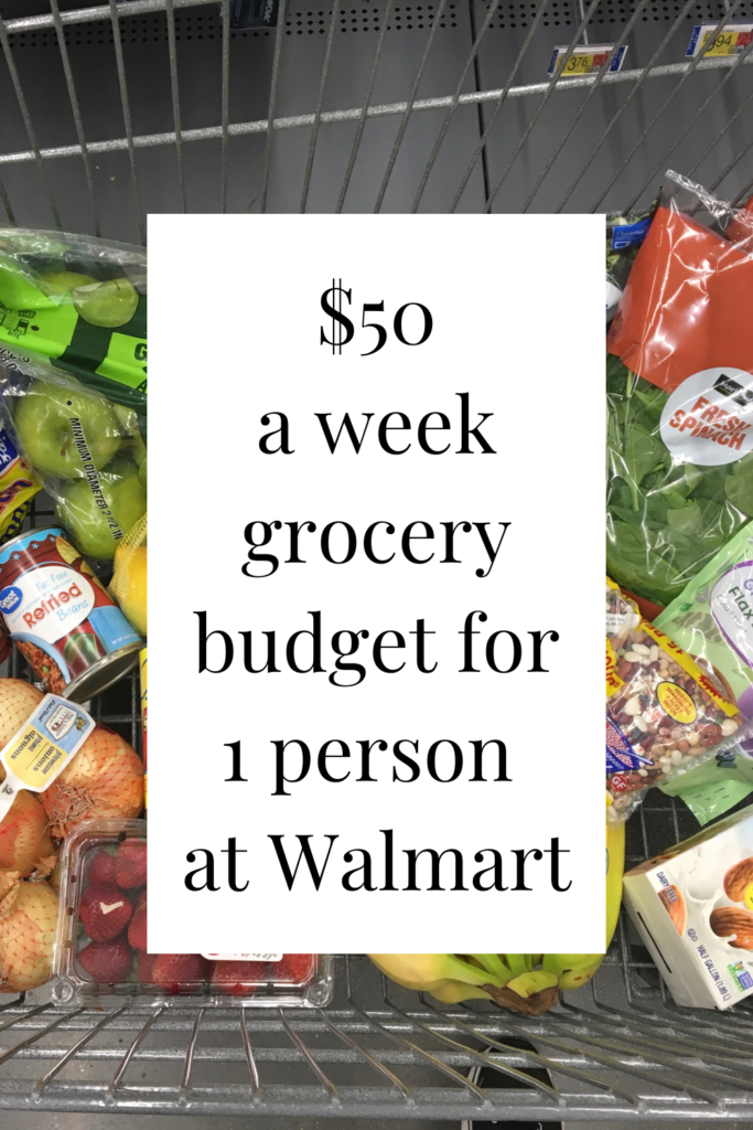 Photo example of $50 a week grocery budget for 1 at Walmart.