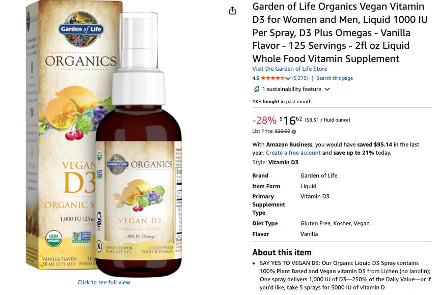 Photo example of Garden of Life Vitamin D3 spray for plant based diet supplements.