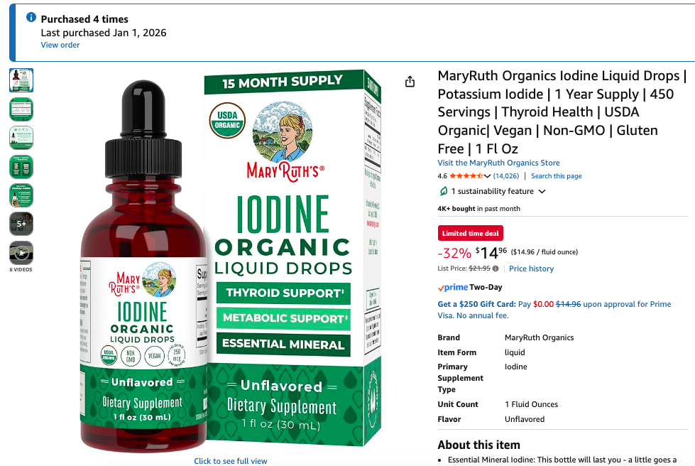Photo example of MaryRuth Potassium Iodide Iodine drops on Amazon.