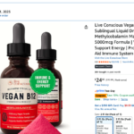 Photo example of Live Conscious Vegan Vitamin B12 Sublingual Liquid Drops Methylcobalamin plant based supplements on Amazon.