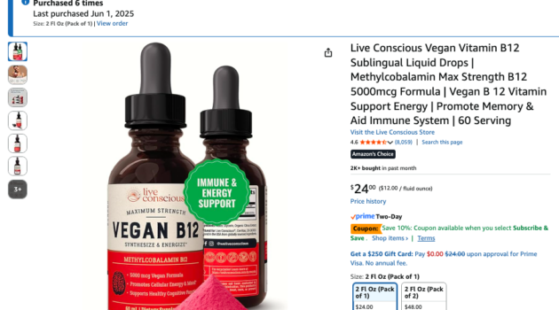 Photo example of Live Conscious Vegan Vitamin B12 Sublingual Liquid Drops Methylcobalamin plant based supplements on Amazon.