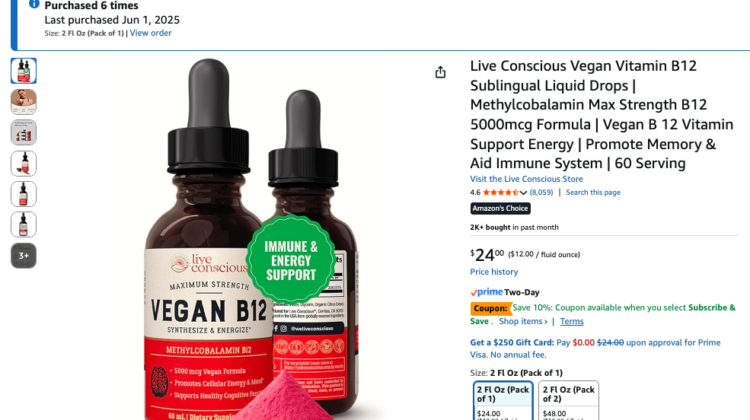 Photo example of Live Conscious Vegan Vitamin B12 Sublingual Liquid Drops Methylcobalamin plant based supplements on Amazon.
