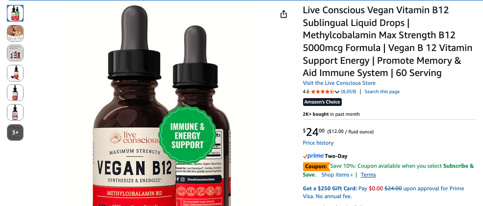 Photo example of Live Conscious Vegan Vitamin B12 Sublingual Liquid Drops Methylcobalamin plant based supplements on Amazon.