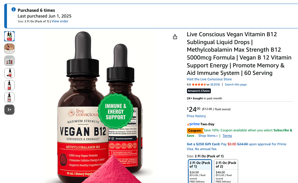 Photo example of Live Conscious Vegan Vitamin B12 Sublingual Liquid Drops Methylcobalamin plant based supplements on Amazon.