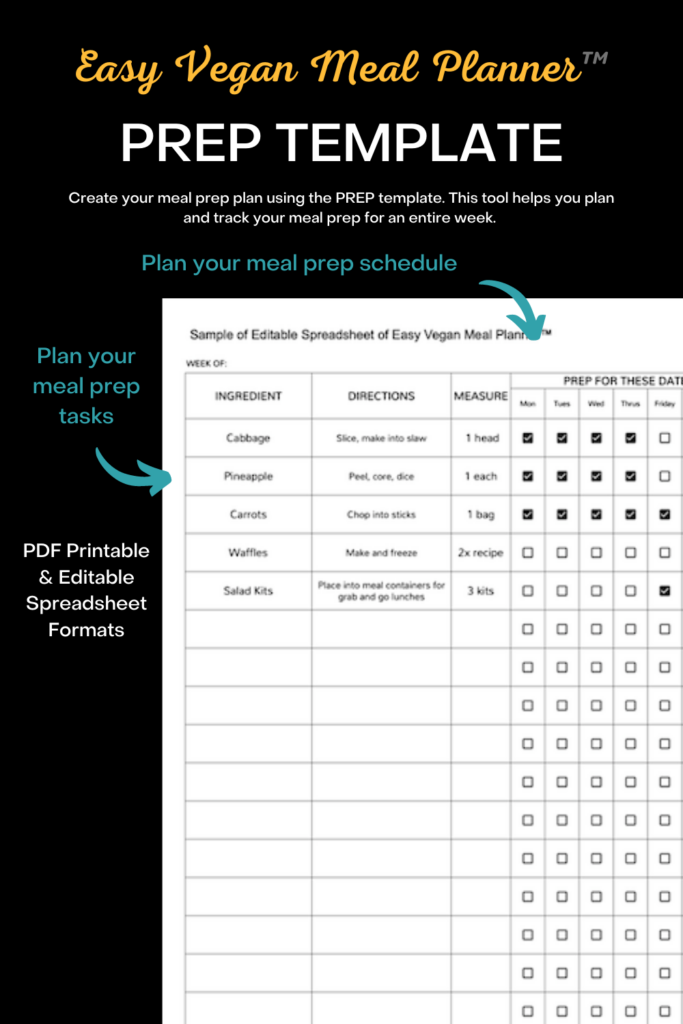 Photo example of Easy Vegan Meal Planner PREP Example.