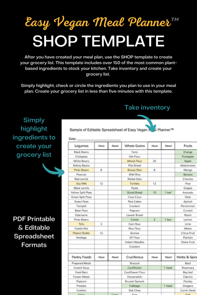 Photo example of Easy Vegan Meal Planner SHOP Example.