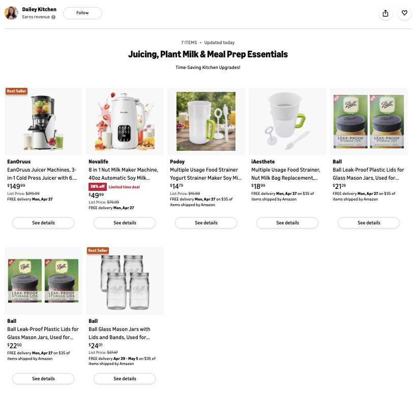 Photo example of Dailey Kitchen Juicing and Plant Milk Meal Prep Essentials Amazon List.