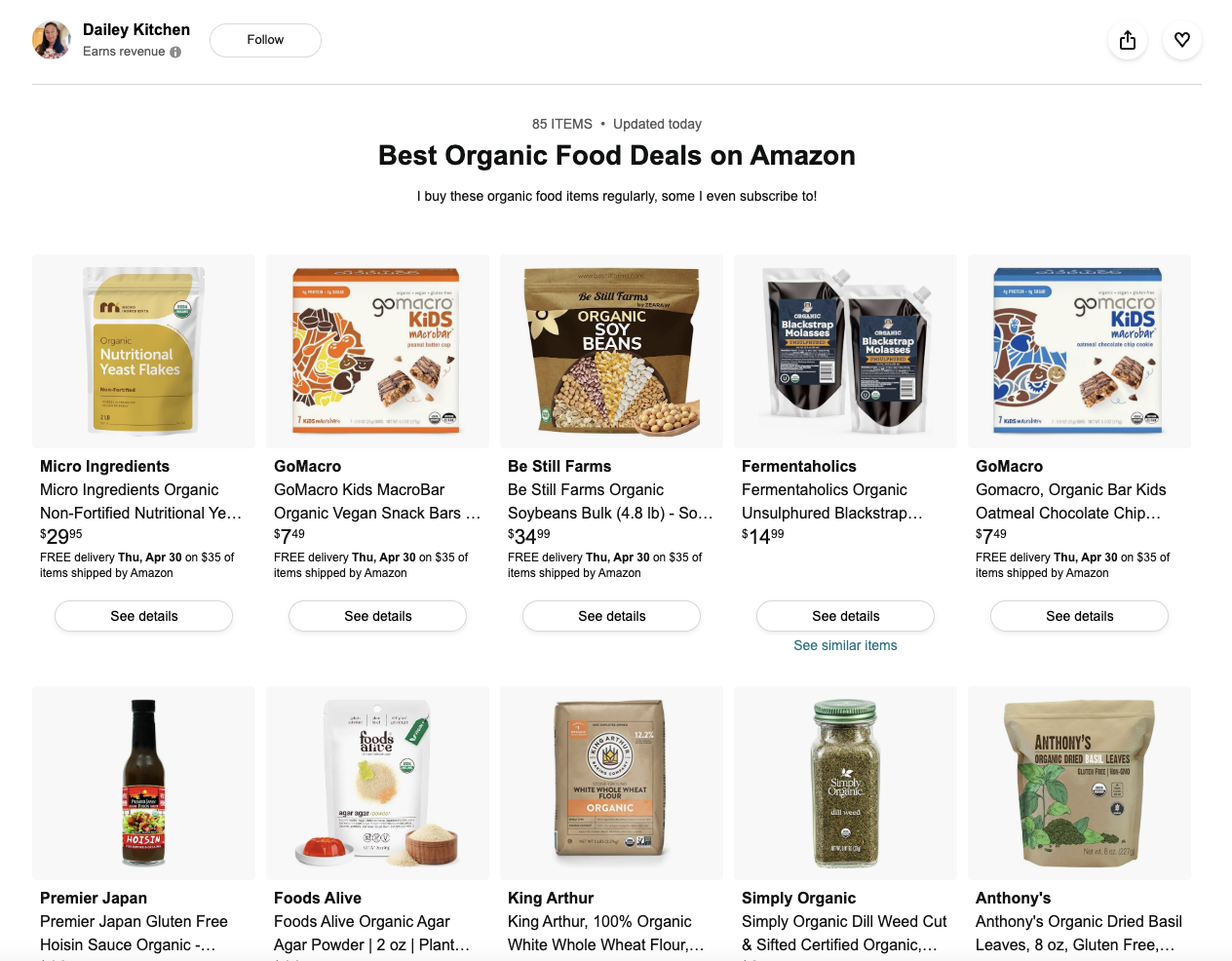 Photo example of organic food deals on Amazon.